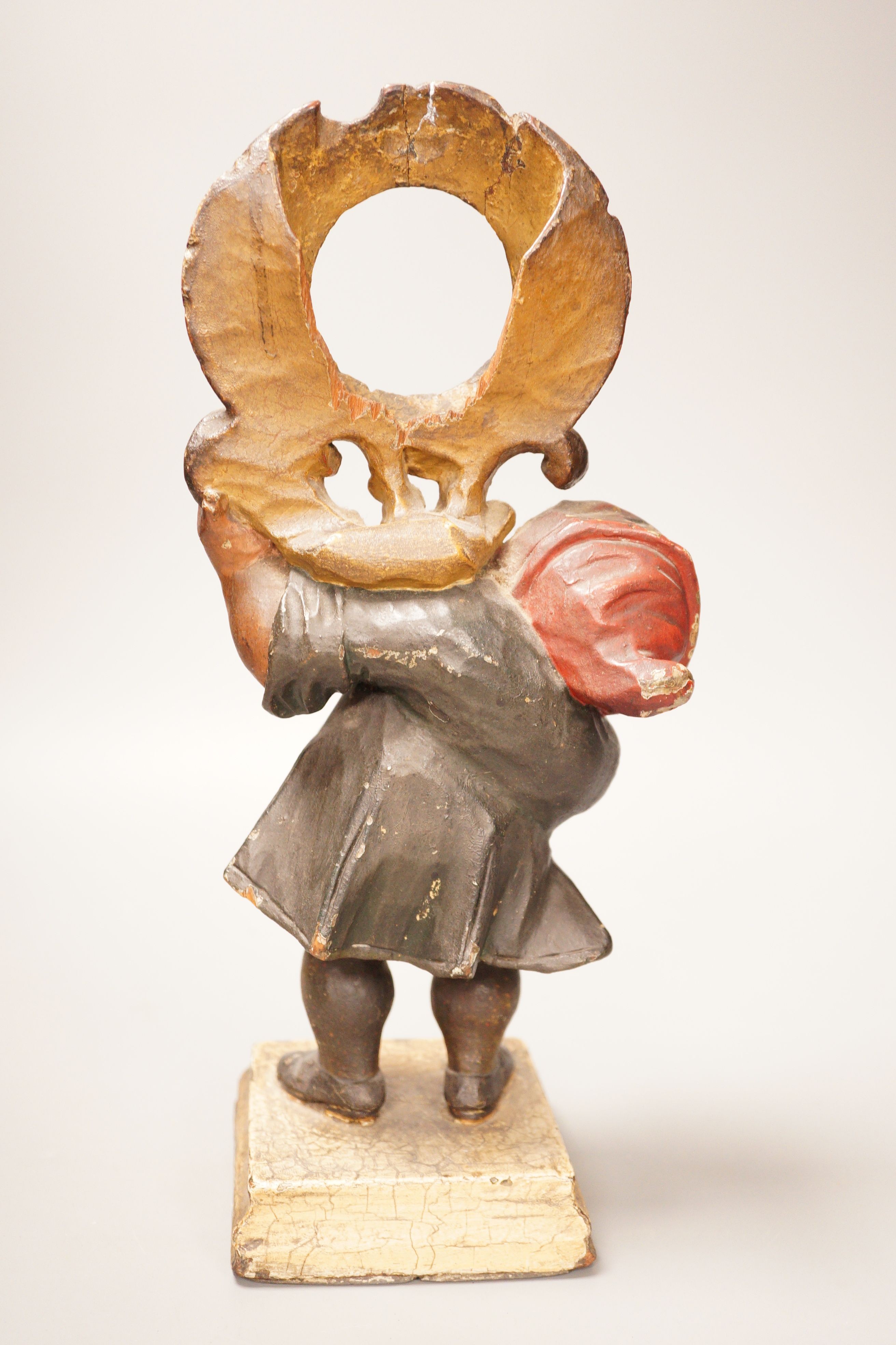 A 19th century French painted wood and composition figural watch stand, 33cm